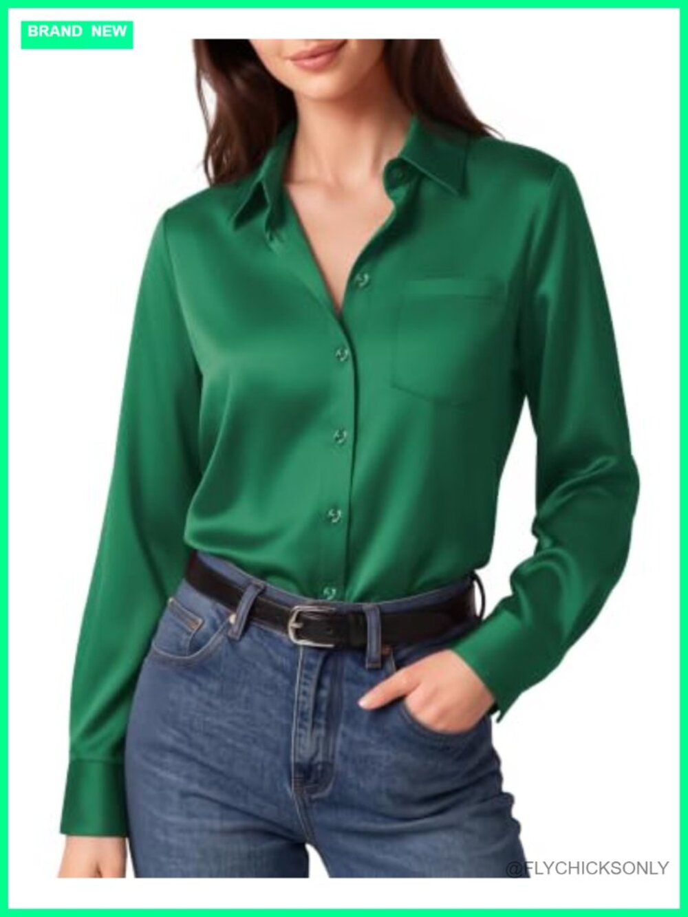 Satin Long Sleeve Button Down Blouse Collared V Neck Work Top